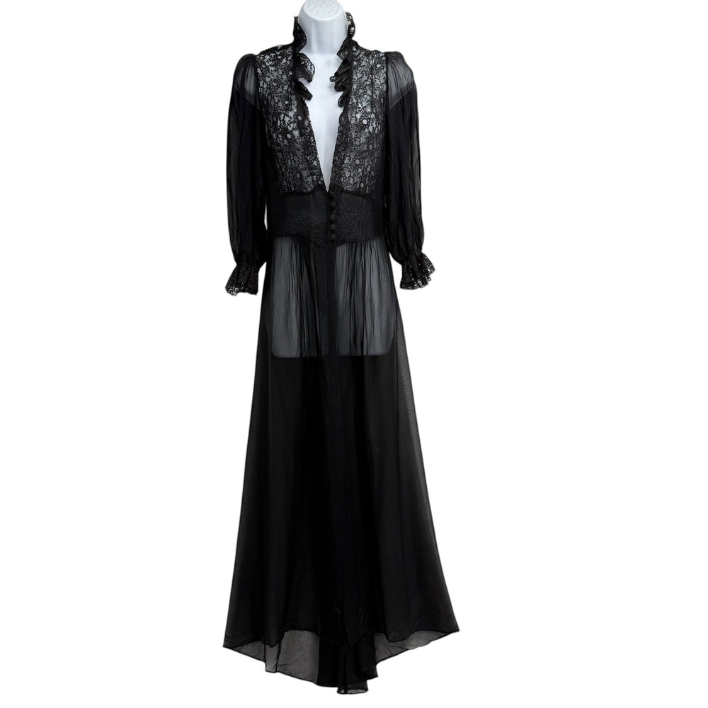 Vintage Sheer Black Lace Maxi Robe Gown Gothic Size S Lingerie Nightgown Vamp